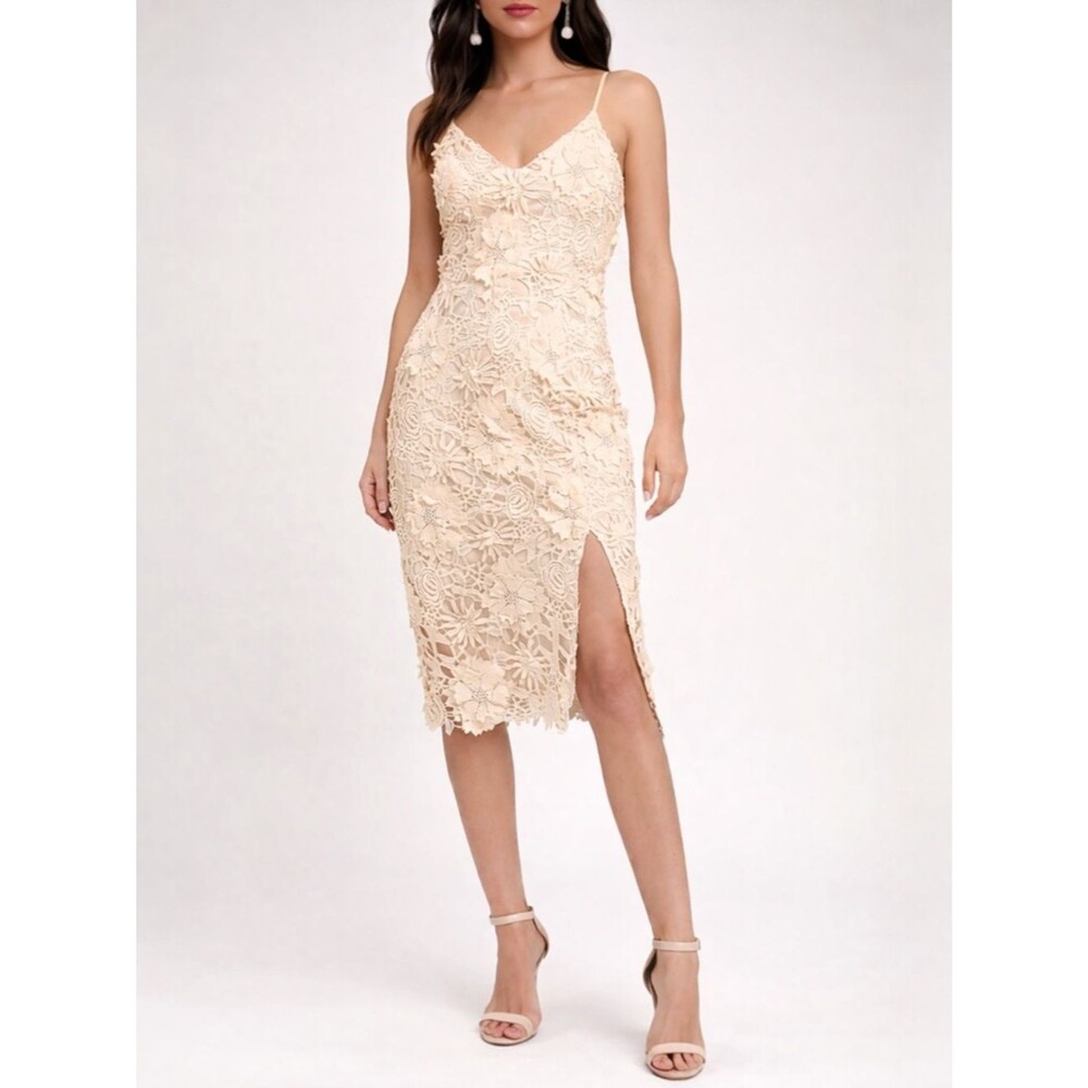 NWT Lulus Size XL Steal Your Heart Cream Crochet Lace Midi Dress Floral Slit NEW